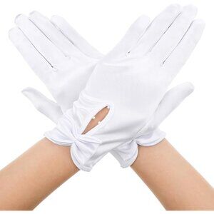 Women's White Evening Pearl Bow Short Length Satin Wrist Gloves Party Prom